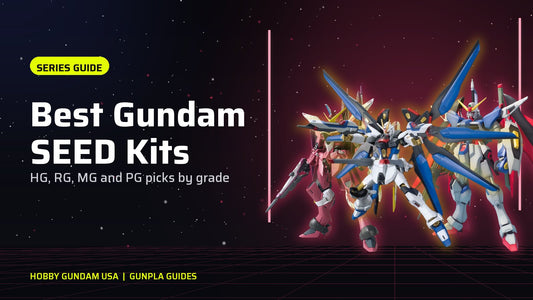Justice, Strike Freedom and Destiny Gundam model kits on a neon stage