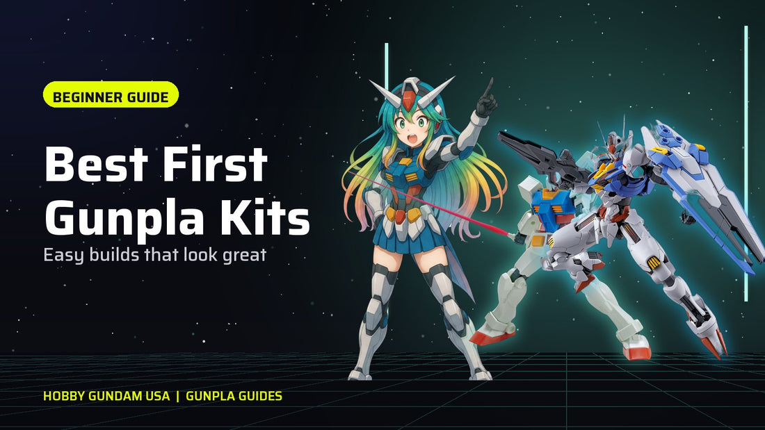 Mira-Chan pointing at an Entry Grade RX-78-2 Gundam and an HG Gundam Aerial