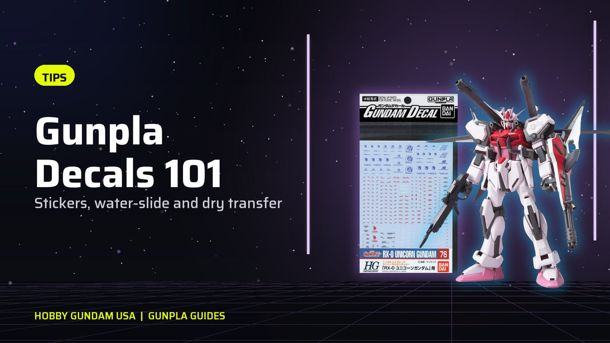 Gundam Decal sheets next to a Gundam model kit