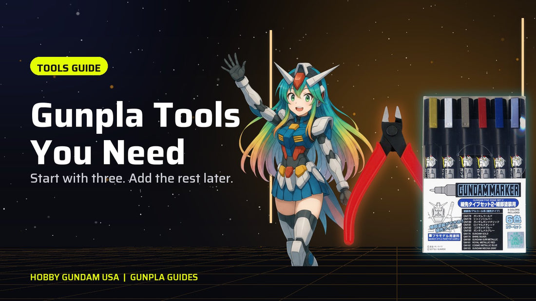 Mira-Chan waving next to hobby nippers and a Gundam Marker set