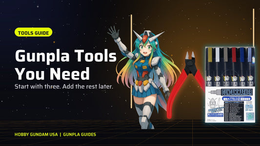 Mira-Chan waving next to hobby nippers and a Gundam Marker set