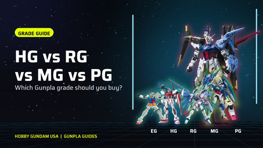 Entry Grade, High Grade, Real Grade, Master Grade and Perfect Grade Gundam kits lined up to scale