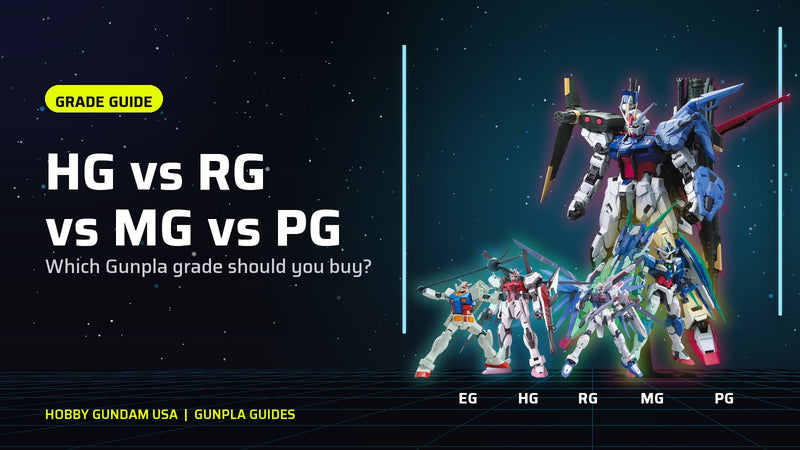 Entry Grade, High Grade, Real Grade, Master Grade and Perfect Grade Gundam kits lined up to scale