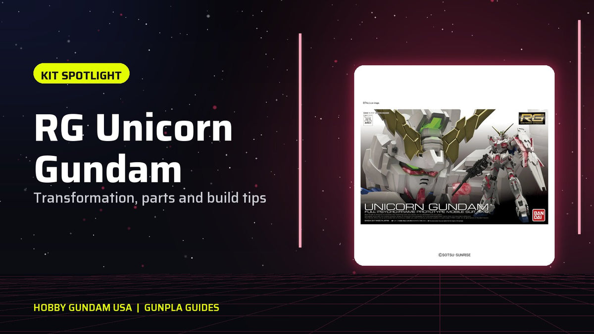 RG Unicorn Gundam box and kit on a neon stage