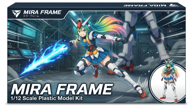 Mira Frame concept box art: Mira-Chan lunging with a blue beam saber in a hangar