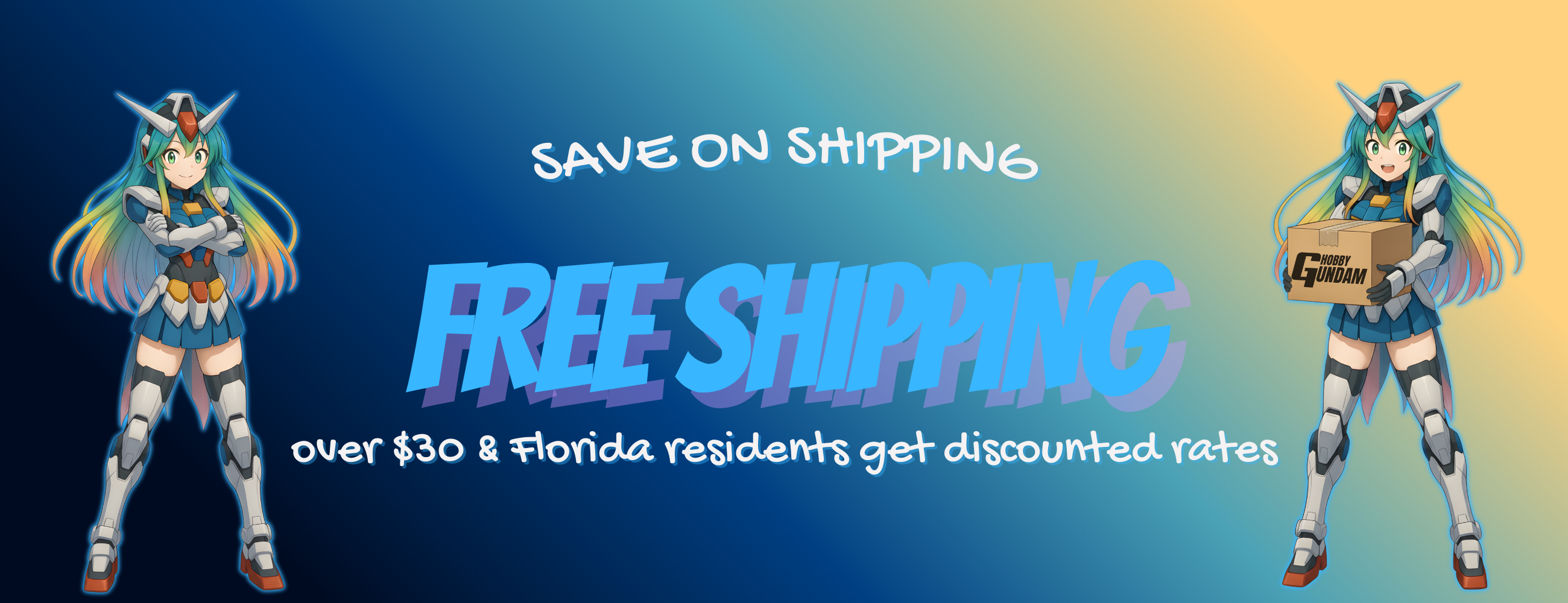Promotional banner with animated characters and text about free shipping.