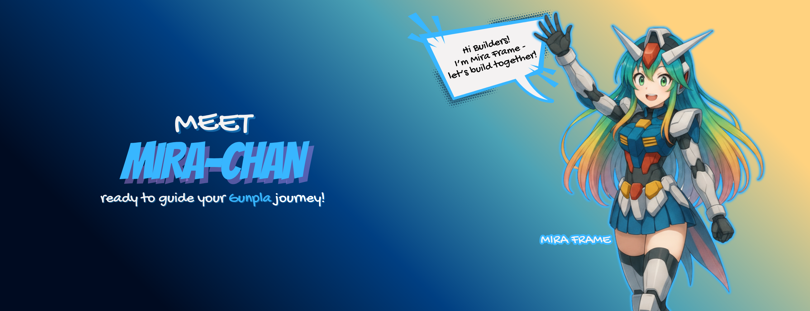 Animated character Mira-Chan with colorful hair and outfit, against a gradient blue and yellow background.