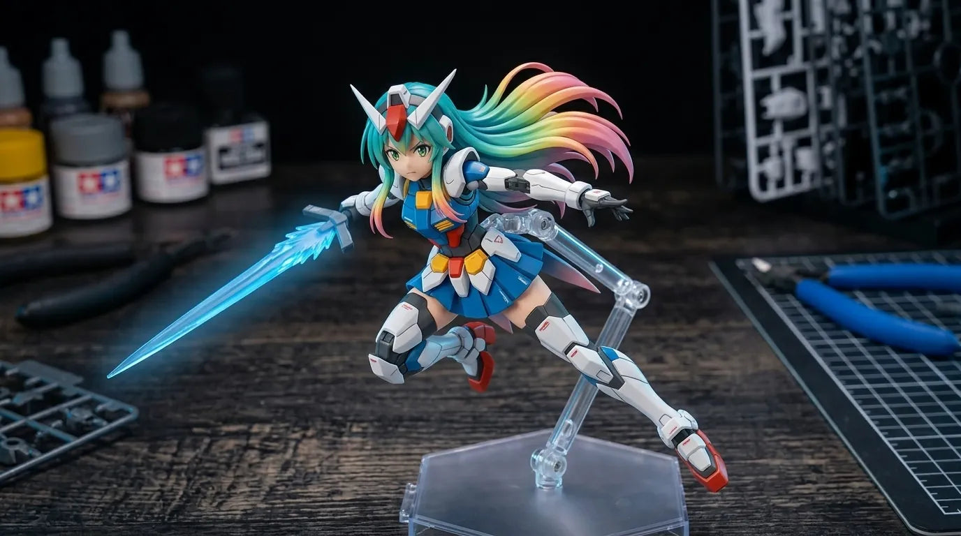 Mira Frame concept: Attack pose on the workbench with her beam saber