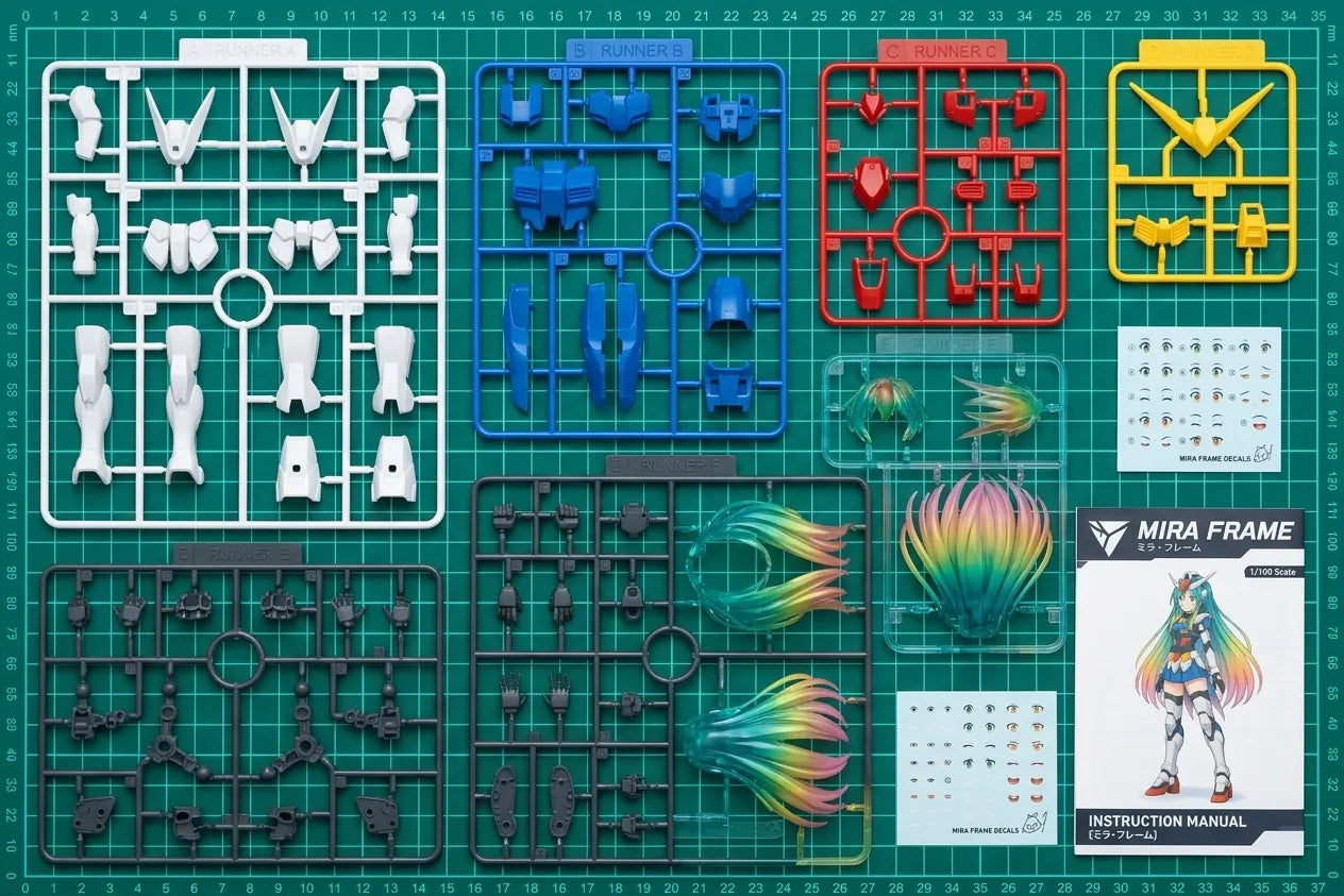 Mira Frame concept: On the runners: white / blue / red / yellow plates and rainbow clear hair parts